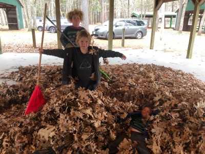the boys in and around a big leafpile at the 4H fairground