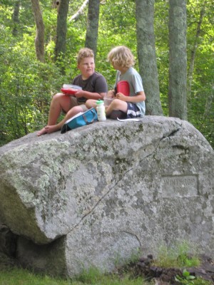 Harvey and Ollie sitting on one of the Two Brothers Rocks