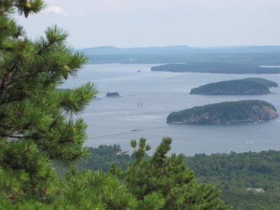 a view of the islands around Bar Harbor from halfway up Dorr Mtn