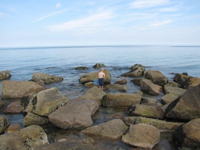 Zion with his net, looking for creatures among the rocks