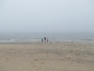 the boys looking at the ocean on a foggy beach