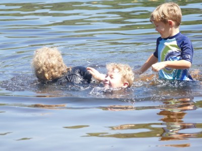 the boys splashing in Berry Pond