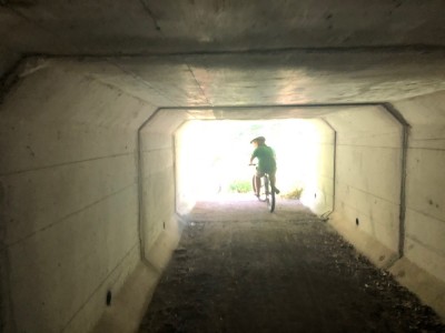 Harvey biking out of a tunnel into the bright sunshine
