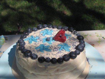the cake: white frosting with blue sugar and blueberries