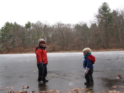 Harvey and Zion sliding  (carefully) on pond ice