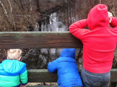 the three boys on the road bridge looking down on the rain-swollen brook