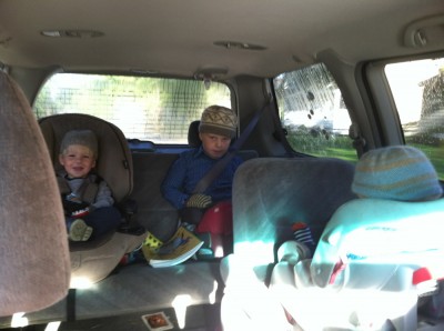 the boys in their car seats wearing winter hats
