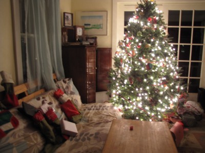 stockings and tree at midnight Christmas Eve