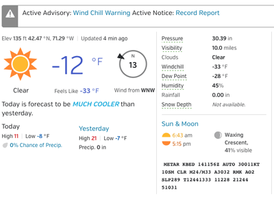 a screenshot of the weather report, showing -33 wind chill