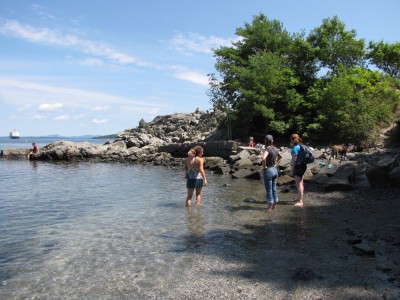 us wading in a secluded cove