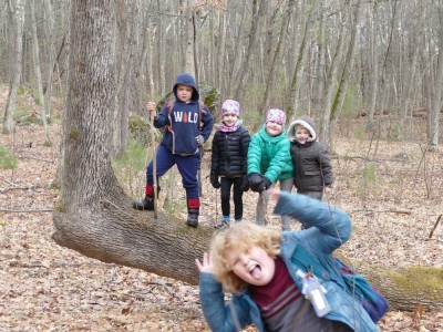 Zion and Lijah posing with friends on a horizontal tree trunk, Harvey photobombing
