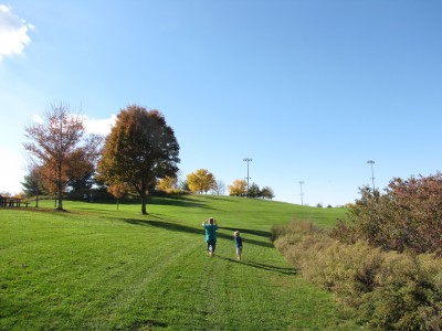 the boys running on a big sloping lawn