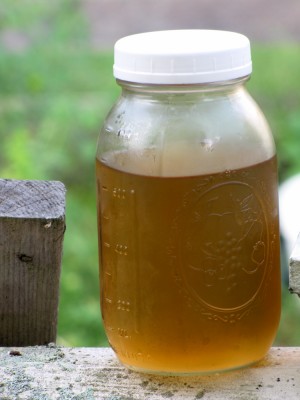 an almost-full quart of elderflower syrup