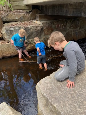 Harvey and Zion wading in Elm Brook, Lijah watching