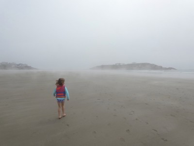 Elijah's friend walking on the misty beach