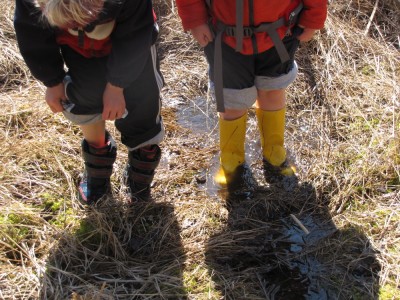 Harvey's and Ollie's booted feet in the marshy grass