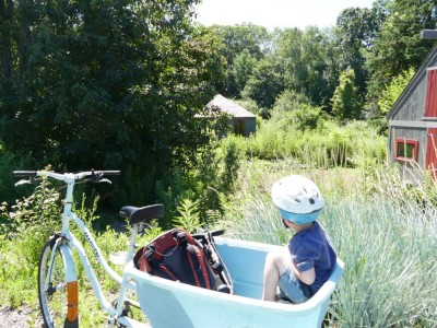 Lijah in the cargo bike looking at a wildflower garden and farmy shed