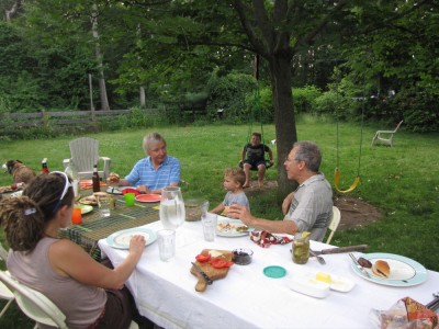 both Grandpas picnicing in the backyard