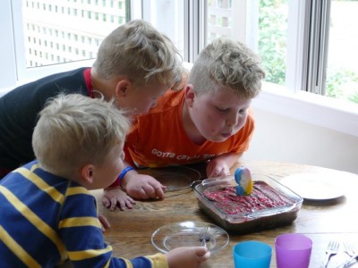 Harvey and brothers blowing out a birthday candle