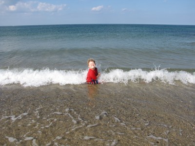 Harvey sitting in the water, turning away from a breaking wave