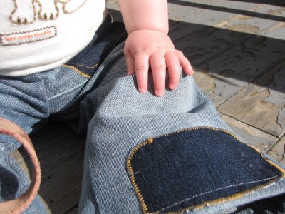close-up of Harvey's new home-made jeans
