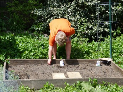 Harvey sowing seeds in the playhouse garden