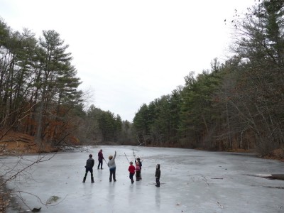 the kids on the ice of the Old Reservoir with some friends
