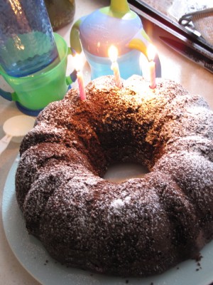 chocolate bundt cake with three candles