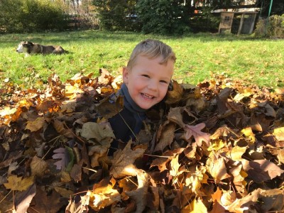 Lijah smiling in a leaf pile
