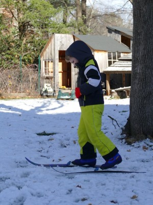 Elijah on his new cross-country skis in the yard