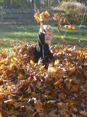 Lijah in a leaf pile tossing up some leaves