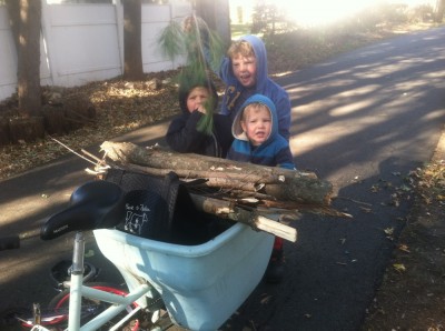 the smaller boys in the blue bike with a load of branches