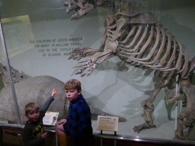 Zion pointing at a giant skeleton at the Harvard Natural History Museum