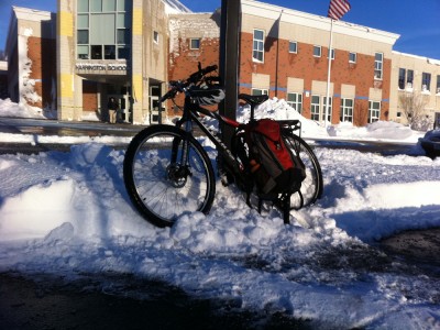 my bike at Harrington School after a snowy morning commute