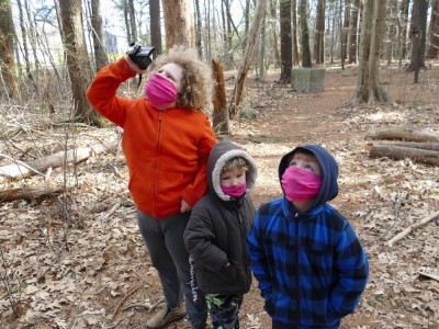 the boys in masks in the woods looking up at trees