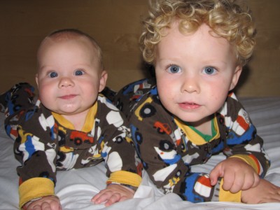 Zion and Harvey in matching fleece pajamas