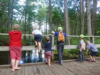the boys and friends pausing to look over the side of a wooden bridge