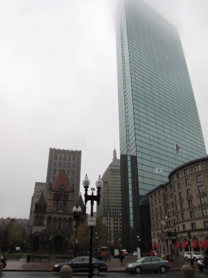 Trinity Church and the Prudential tower in the misty rain