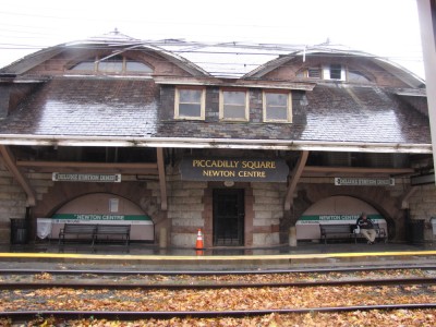 the station at Newton Center in the rain