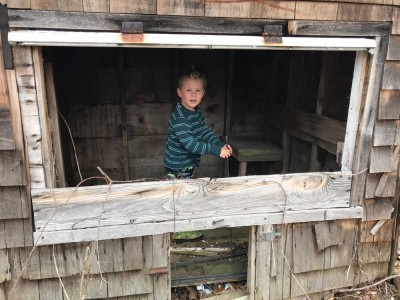 Lijah exploring an old abandoned chicken coop