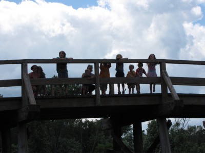 Leah and Bridget with the kids up on the bridge