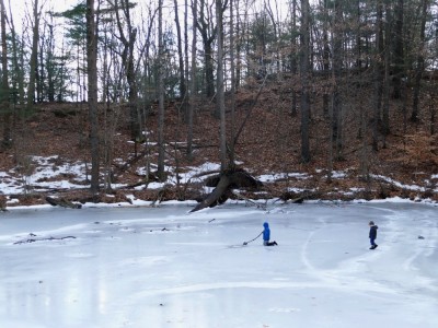 Zion and Lijah on the ice of the reservoir