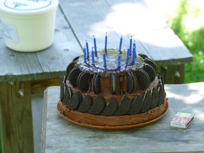 a three-layer chocolate cake decorated with oreos on a table in the lawn