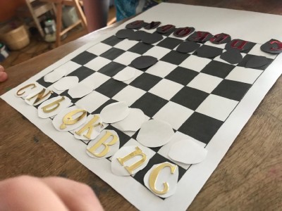 a homemade paper chess set