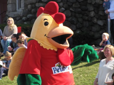 a marcher in a cartoon chicken suit