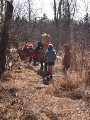 five kids and one dada (with another kid in the backpack) marching through the marsh