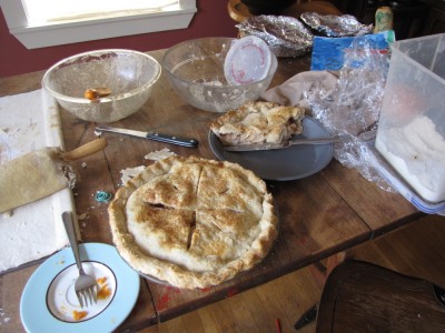 lots of pies in various stages of consumption on our kitchen table
