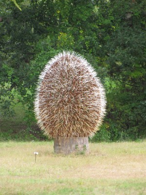 a big egg-shaped porcupine-looking sculpture