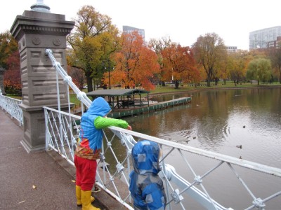 Harvey and Zion looking over the bridge railing at the duck pond