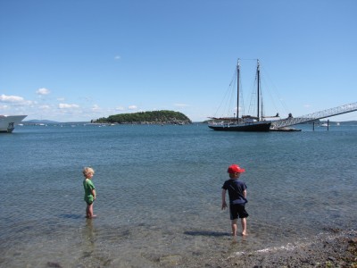 Zion and Nathan wading in Bar Harbor